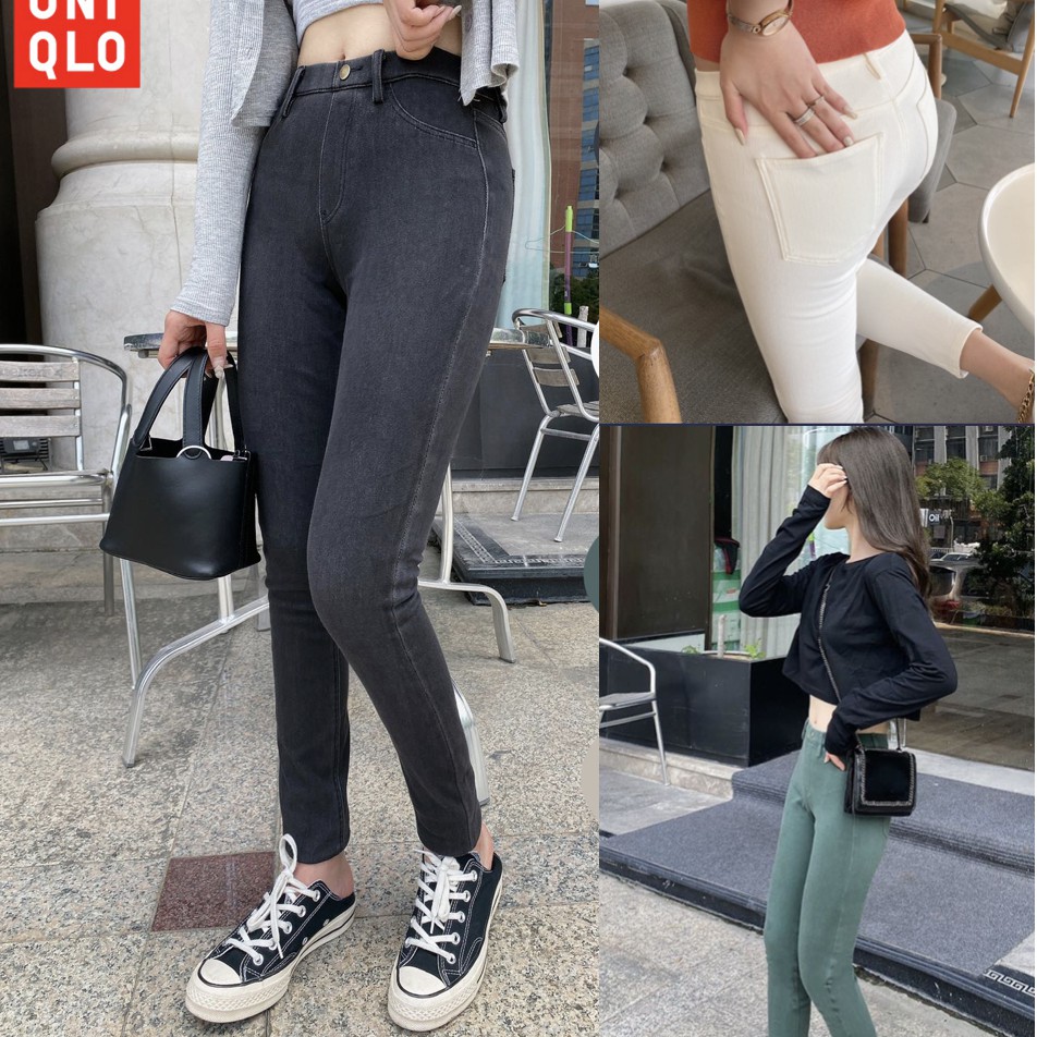 UNIQLO💯กางเกงผู้หญิงฤดูร้อนกางเกงสีบริสุทธิ์บางรุ่นผู้หญิงเกาหลีดินสอกางเกงกางเกงผู้หญิง（S-2XL）Ankle