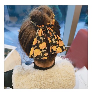(พร้อมส่ง) hairband ยางรัดผมยางมัดผม โบว์ผูกผมสำเร็จรูปลายดอกไม้หลากสี (E3)