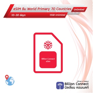 eSIM World Primary 70 Countries Sim Card Unlimited 10GB: ซิมทั่วโลก 10-30 วัน by ซิมต่างประเทศ Billion Connect