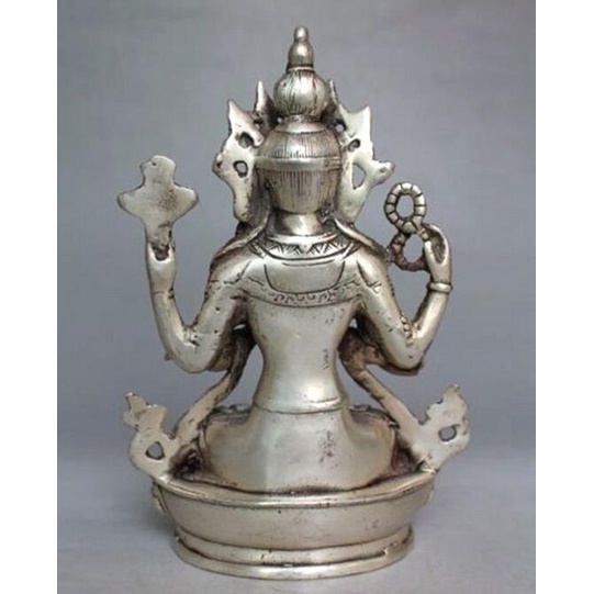 ㍿℡Copper Statue Tibet Buddhism Silver Bodhisattva Four-armed Avalokiteshvara Buddha Statue 14cm height
