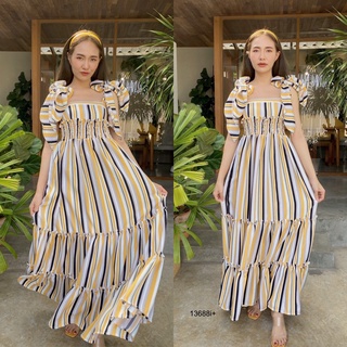 TW13688 Maxi Dress สายผูกไหล่ ผ้าโฟร์เวย์ ลายริ้วสลับสี หลังกับเอวสม็อค