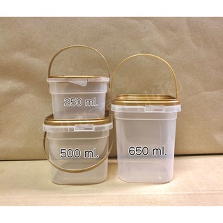 กระปุกมีหูหิ้วทรงเหลี่ยม ฝาสีทอง 250ml,500ml,650ml.