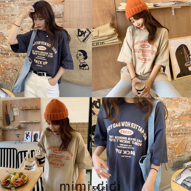 mimi&didi 3218 เสื้อยืดแขนสั้นผู้หญิงแฟชั เสื้อยืดสตรีทคู่รัก เสื้อผ้าวินเทจ OversizeT-shirts โอเวอร์ไซส์เกาหลี