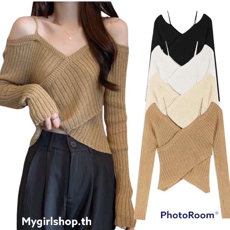 MYGIRLSHOP.TH เดี่ยวแฟชั่นแขนยาวไหมพรมผ้าร่อง 6533