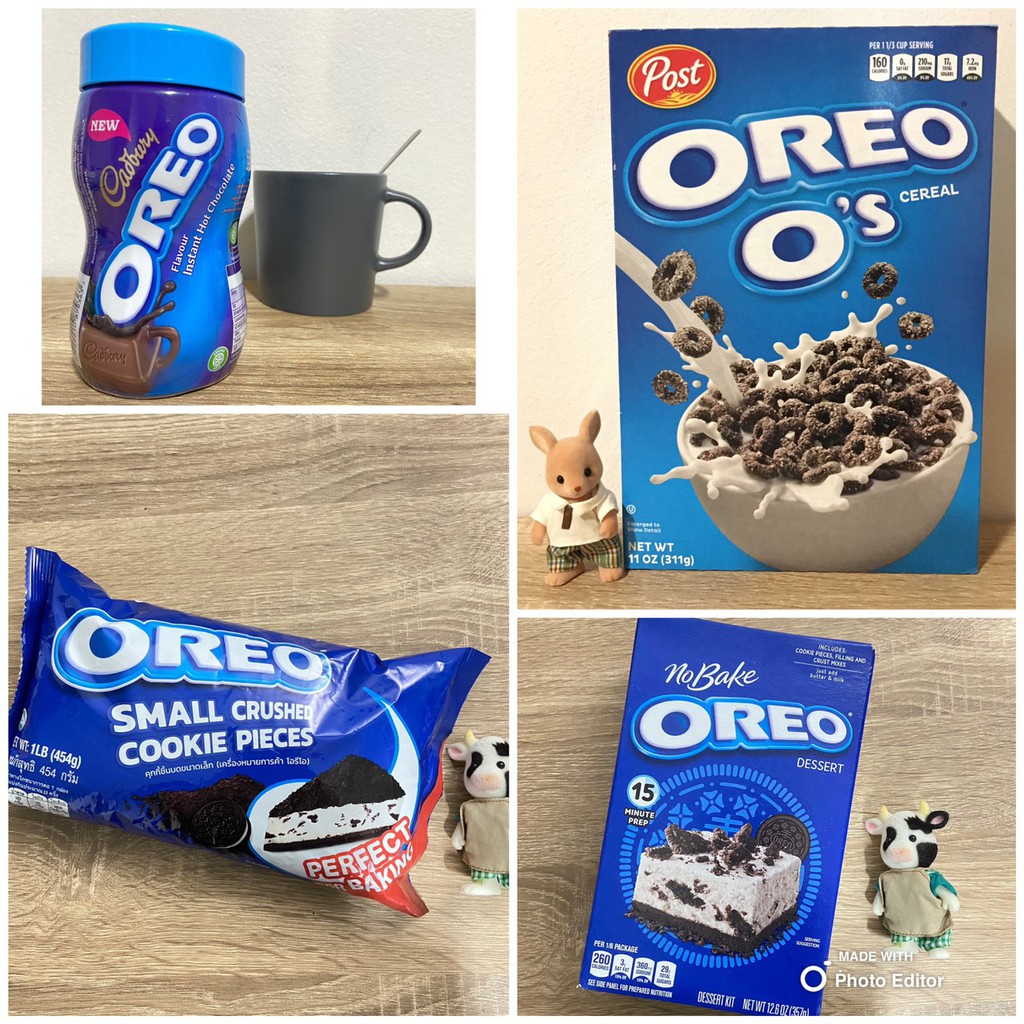 Oreo O’s Cereal 311g. Oreo No Bake Dessert Cake Mix 357g. Oreo Small Crushes 454g. Oreo Thins Oreo B