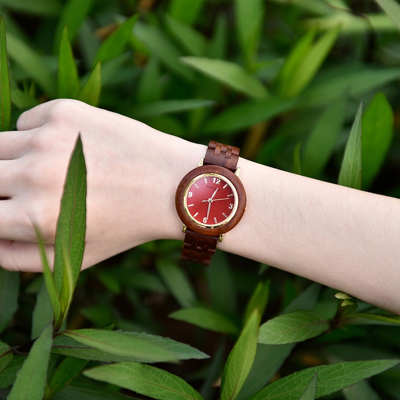 BOBOBIRD Lady Light Luxury Green Sandalwood Watch Simple Temperament Retro ins Red