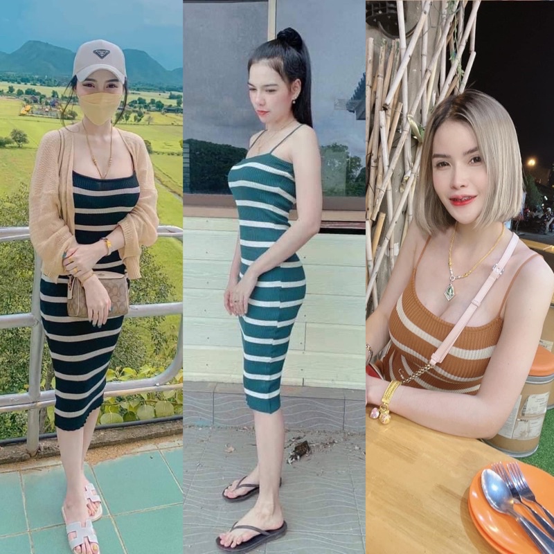SpinnyHouse มินิเดรสไหมพรม เดรสสายเดี่ยว นางแบบใส่สินค้าขายจริง ผ้าทอลายริ้ว สลับสี Sexy ชุบแป้งทอด H203B