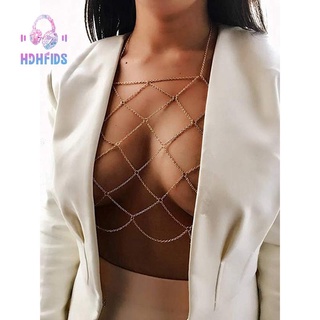 Womens Halterneck Mesh Body Chain Bralette Bikini Bra Necklaces Stomachers（Gold）