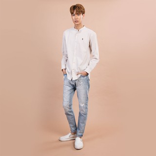 (NO S) ISSARA Original เสื้อเชิ้ตชาย คอจีน ทรงตรง ตารางครีม origami pine tree