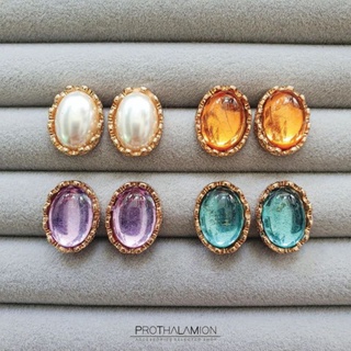 Pearl Amber Amethyst Topaz Gold Vintage Earrings ต่างหู ตุ้มหู ก้าน วินเทจ แต่งพลอย มุก อำพัน สีขาว เหลือง ม่วง เขียว