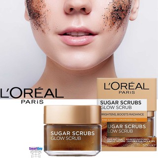 L’OREAL Paris Sugar Scrubs Glow Scrub Brightens Boosts Radiance 50ml. สครับน้ำตาลสำหรับผิวหน้าและริมฝีปากสูตรพรีเมี่ยม