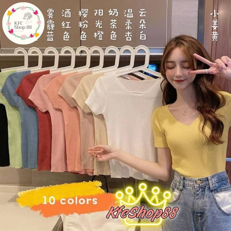 22สี ไหมพรมคอวี เสื้อยืดคอวีสีพื้น ผ้าไหมพรม Free Size เสื้อยืดผู้หญิง-9966