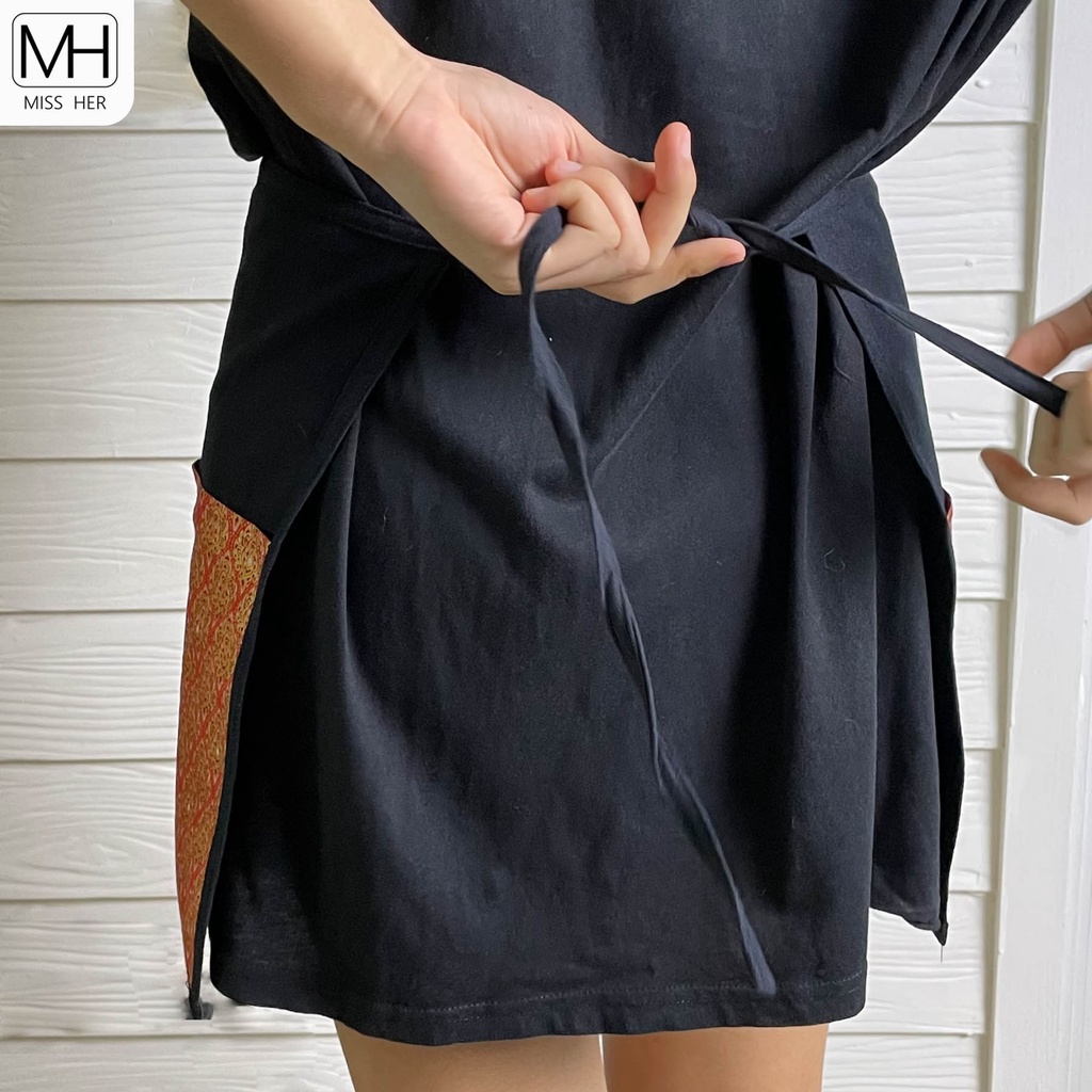 ผ้ากันเปื้อนครึ่งตัว แต่งผ้าพิมพ์ลายไทย มีซิปที่กระเป๋า - รูปที่ 2