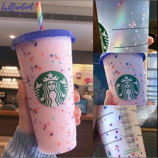 Starbucks ถ้วยแก้วพลาสติกพร้อมฝาปิดสีรุ้งนํากลับมาใช้ใหม่ได้ 24 ออนซ์, 5 ชิ้น