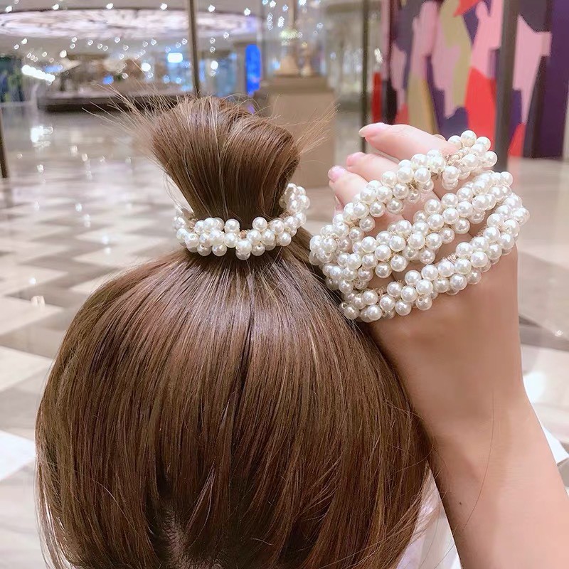 (พร้อมจัดส่งไทย) ยางรัดผมประดับไข่มุกสีทองหรูหรา Pearl