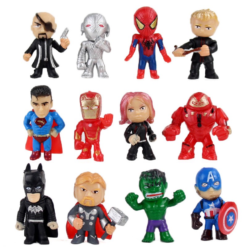 12 ชิ้น/เซ็ต Mini The Avengers ตัวเลข Iron Man Spider-Man Batman Hulk Thor Action Figure ของเล่น Sup