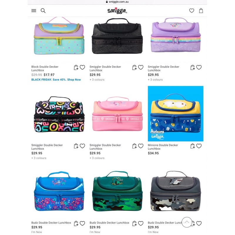 Smiggle กระเป๋าใส่กล่องข้าว 2 ชั้น lunch box หลากหลายคอลเลคชั่น เข้าคู่กับเป้ กล่องดินสอ กระเป๋าจากsmiggle