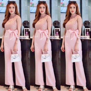 🧥H4171-ROSE PINK Jumpsuit  จั้มมสูทขายาว คอปีนแต่งด้วยผ้าลูกไม้ แขนกุด ช่วงบนตัดเย็บด้วยผ้าลูกไม้ ตัดต่อด้วยงานผ้าซาร่า