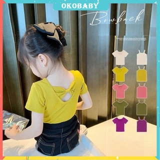 OKOBABY🌈พร้อมส่ง🌈เสื้อเด็กผู้หญิง ผ้าฝ้าย ประดับโบว์ สีแคนดี้ 1-7 ปี