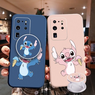 เคสโทรศัพท์มือถือ ขอบสี่เหลี่ยม ลาย Stitch พร้อมแหวนขาตั้ง สําหรับ Samsung Galaxy S21 Ultra S20 FE S10 Plus