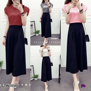 TwinsShopVip💗พร้อมส่ง TW10580 Set 2 ชิ้น เสื้อลูกไม้แขนสั้น + กางเกงขา 5 ส่วน