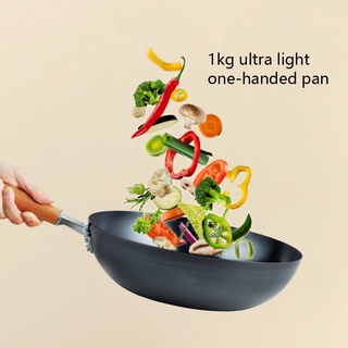 ♠Huohou Non-coating Refined Iron Wok Wooden Handle Cookware Nonstick Frying Pan Evenly Heated Pot for Induction Cooker G