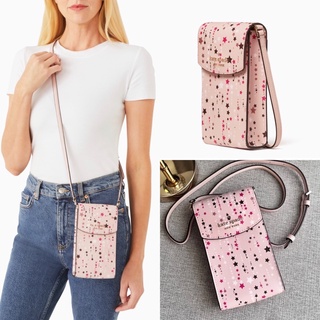 🎀 (สด-ผ่อน) กระเป๋าใส่โทรศัพท์ สีชมพูลาย K4827 Kate Spade North South Flap Phone Crossbody Bag Twinkle Printed