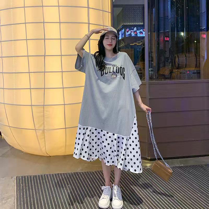 4XL ชุดคลุมท้อง,เดรสไซส์ใหญ่,เดรสลายจุด,150 กก,หลวมและสบาย,เดรสยาวปานกลาง,เสื้อผ้าผู้หญิงไซส์ใหญ่
