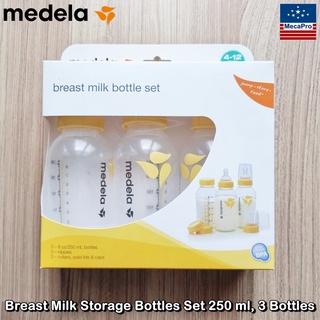 Medela® Breast Milk Storage Bottles Set 250 ml, 3 Bottles ชุดขวดเก็บน้ำนมแม่ ขวดนม พร้อมฝาครอบและจุก แพ็ค 3 ขวด