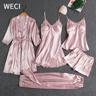 【พร้อมส่ง】WECI 5 ชิ้น ชุดนอนผ้าซาติน ผู้หญิง เซ็กซี่ ผ้าไหม ลื่น ชุดนอน เสื้อคลุมอาบน้ํา ชุดนอน ชุดราตรี หญิง สบาย บ้าน เจ้าสาว ของขวัญแต่งงาน