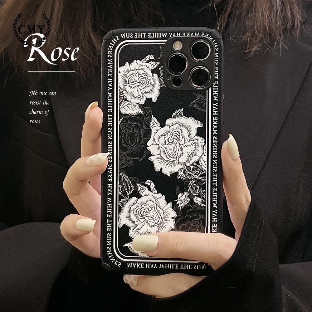 เคสโทรศัพท์มือถือ TPU นิ่ม และหนัง ลายดอกกุหลาบ สไตล์วินเทจ สำหรับ iPhone 11 Pro Max X Xr Xs Max 7 8 Plus Se 2020 12 pro max 12 mini 13 pro max 13 mini
