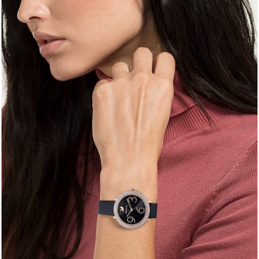 นาฬิกา Swarovski แท้ 100% Crystal Frost Watch Leather Strap, Black,  Rose-gold tone PVD นาฬิกา swarovski แท้ 1000%