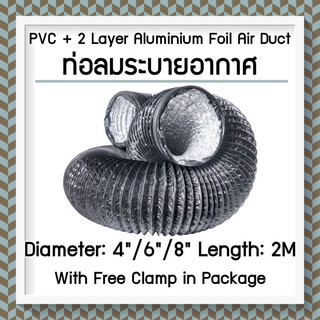 ส่งฟรี! ท่อลมระบายอากาศ Double Aluminium Foil ขนาด 4/6/8 นิ้ว ยาว 2m + เข็มขัดรัดท่อ ท่อยืดหยุ่น Double Aluminium Foil