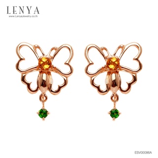 Lenya Jewelry ต่างหูรูปผีเสื้อ ประดับบุษราคัม เม็ดกลาง ตัดด้วยสีเขียวของโครมไดออปไซด์ ตัวเรือนเงินแท้ ชุบทองชมพู 18K