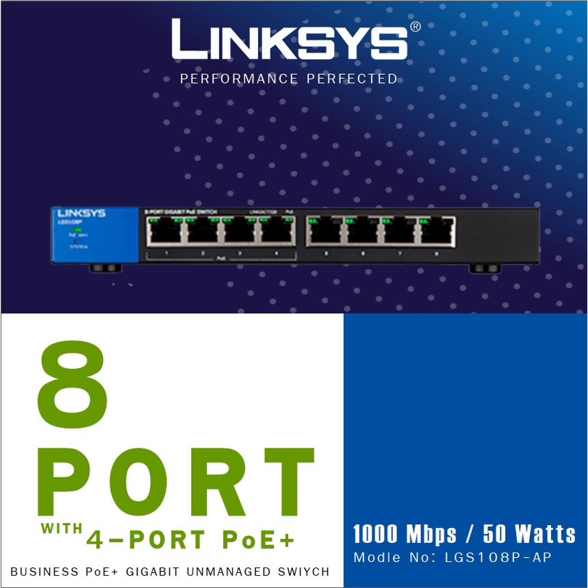 LINKSYS LGS108P-AP UNMANAGED GIGABIT SWITCH 8-PORT POE