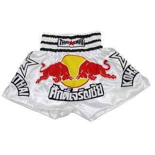 THAISMAI BS1195-1 กางเกงมวยไทย ผ้าต่วน-ขาว ลายกระทิงแดง -THAISMAI THAI BOXING SHORTS WHITE SATIN RED BULL BS-1195-1