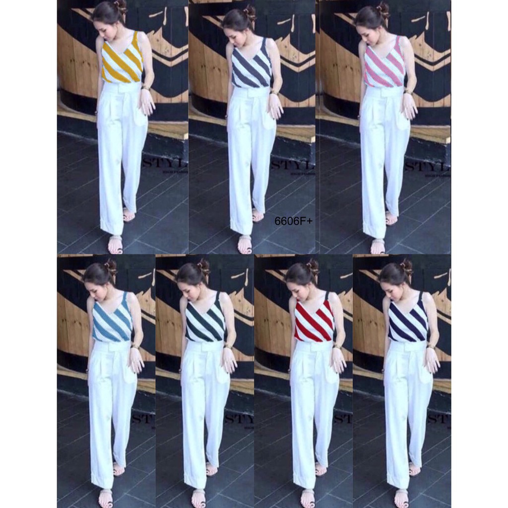 PE6606 Set 2 ชิ้น เสื้อสายเดี่ยวทรงคอปลายริ้วเฉียง+กางเกงขายาวทรงกระบอกเอวสูง +++สอบถามสินค้าก่อนสั่ง