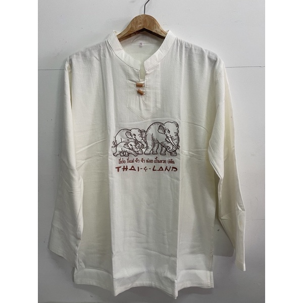 เสื้อแขนยาวผ้าฝ้ายเนื้อผ้าดีมีคุณภาพการตัดเย็บดีงานปักลายช้างพ่อแม่ลูก
