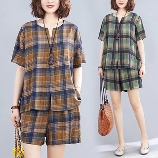Swan shop 🌴ชุดเซต2ชิ้น เสื้อผ้าแฟชั่นกีฬาลำลองสำหรับผู้หญิง ลายสก๊อต มีสองสี เนื้อผ้าดีระบายอากาศใส่สบาย รุ่นใหม่
