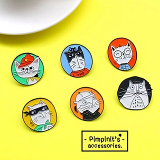 📬 พร้อมส่ง : 🐱 เข็มกลัดเซ็ทการ์ตูนแมวตลกขอบวงกลม | Funny Cat Cartoon Round Shape Enamel Brooch Pin Set.