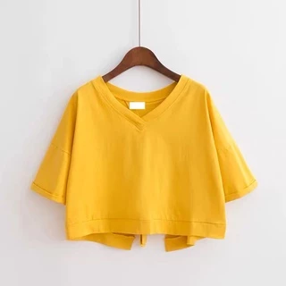 เสื้อครอปท็อปแขนสั้น คอวี แบบเย็บติดกัน สีพื้น สําหรับผู้หญิง
