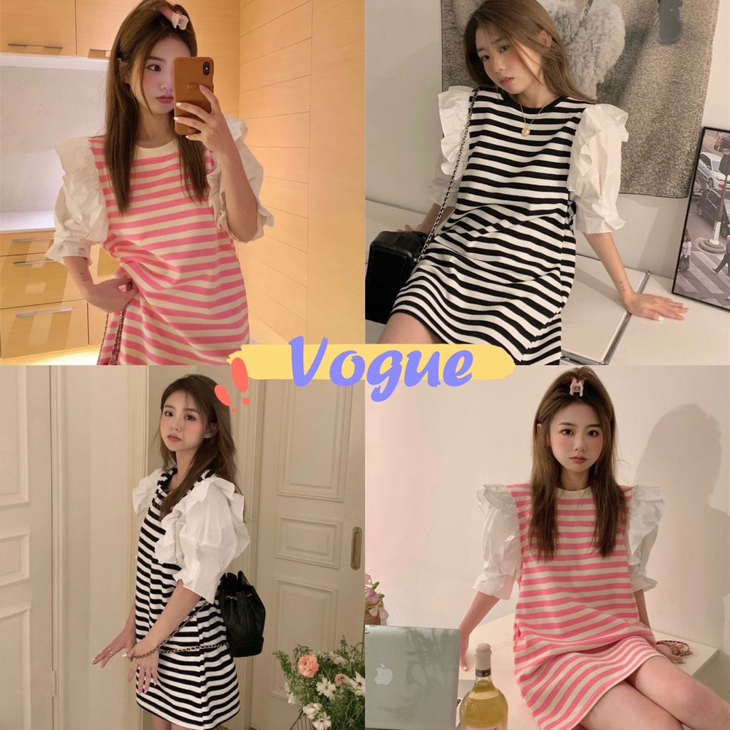 Vogue พร้อมส่ง ชุดเดรสแขนสั้นลายทาง สไตล์เกาหลีๆน่ารักๆใส่สบายผ้านิ่มาก (8K63) -N