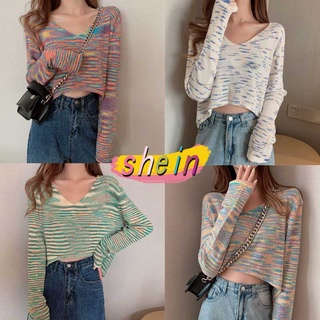 Shein 0767 พร้อมส่ง เสื้อถักไหมพรมแขนยาว คอวี สีเรนโบว์ แบบเกาหลี  สไตล์หวาน  แฟชั่นผู้หญิง คอกลม เสื้อยืด