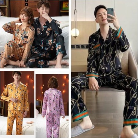 [ราคาดีที่สุด]ชุดนอนผ้าซาติน ชุดนอนสไตล์ชายและหญิงเกาหลีใต้ รูปแบบยอดนิยมเสื้อแขนยาว + กางเกงขายาวหญิง M-3XLชาย L-3XL