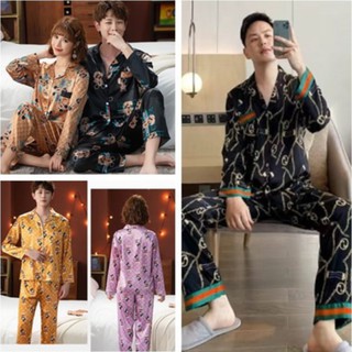 [ราคาดีที่สุด]ชุดนอนผ้าซาติน   ชุดนอนสไตล์ชายและหญิงเกาหลีใต้  รูปแบบยอดนิยมเสื้อแขนยาว + กางเกงขายาวหญิง M-3XLชาย L-3XL