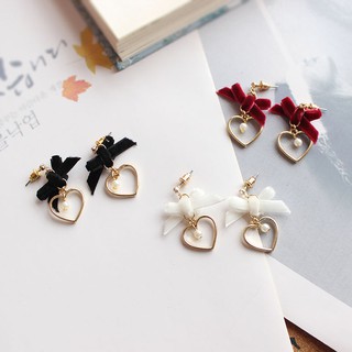 Diamond Pearl Ribbon Heart Clip Earrings ต่างหู ตุ้มหู หนีบ เกาหลี หัวใจ ประดับ โบว์ สีขาว ชมพู แดง ดำ มุก เพชร น่ารัก