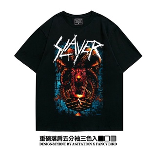 เสื้อยืดสีขาว♠◎Slayer Killer Band Heavy Metal ยุโรปและอเมริกาฤดูใบไม้ร่วงไหล่ หลวมขนาดใหญ่ขนาดใหญ่ Oversize แขนสั้นเสื้อ