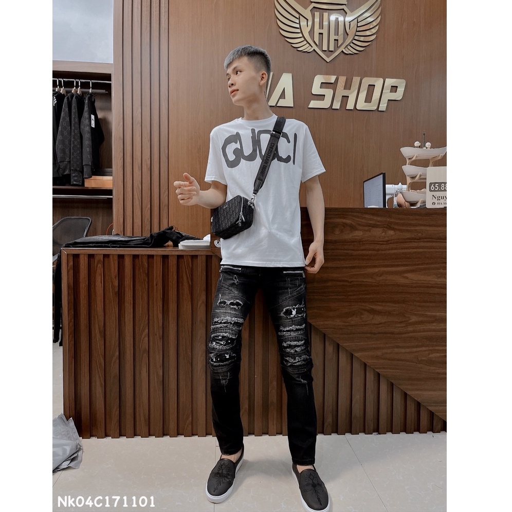 Amiri Play Boy กางเกงยีนส์, Ripped Amiri Patched หนังย่นกระต่ายพิมพ์คุณภาพสูง Biker กางเกง Non-Fade 