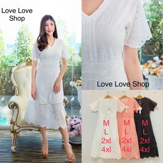 เดรสงานบุญ ชุดไปวัด!!! M-4XL Dress เดรสสีขาว,เดรสสีดำผ้าฉลุลายแขนสั้น งานป้าย