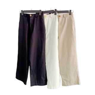 P07 Linen pants กางเกงเอวสูงขายาวทรงกระบอกกลาง กางเกงผ้าลินิน กางเกงลินิน เอวสม็อคหลัง  สีดำ สีครีม สีขาว